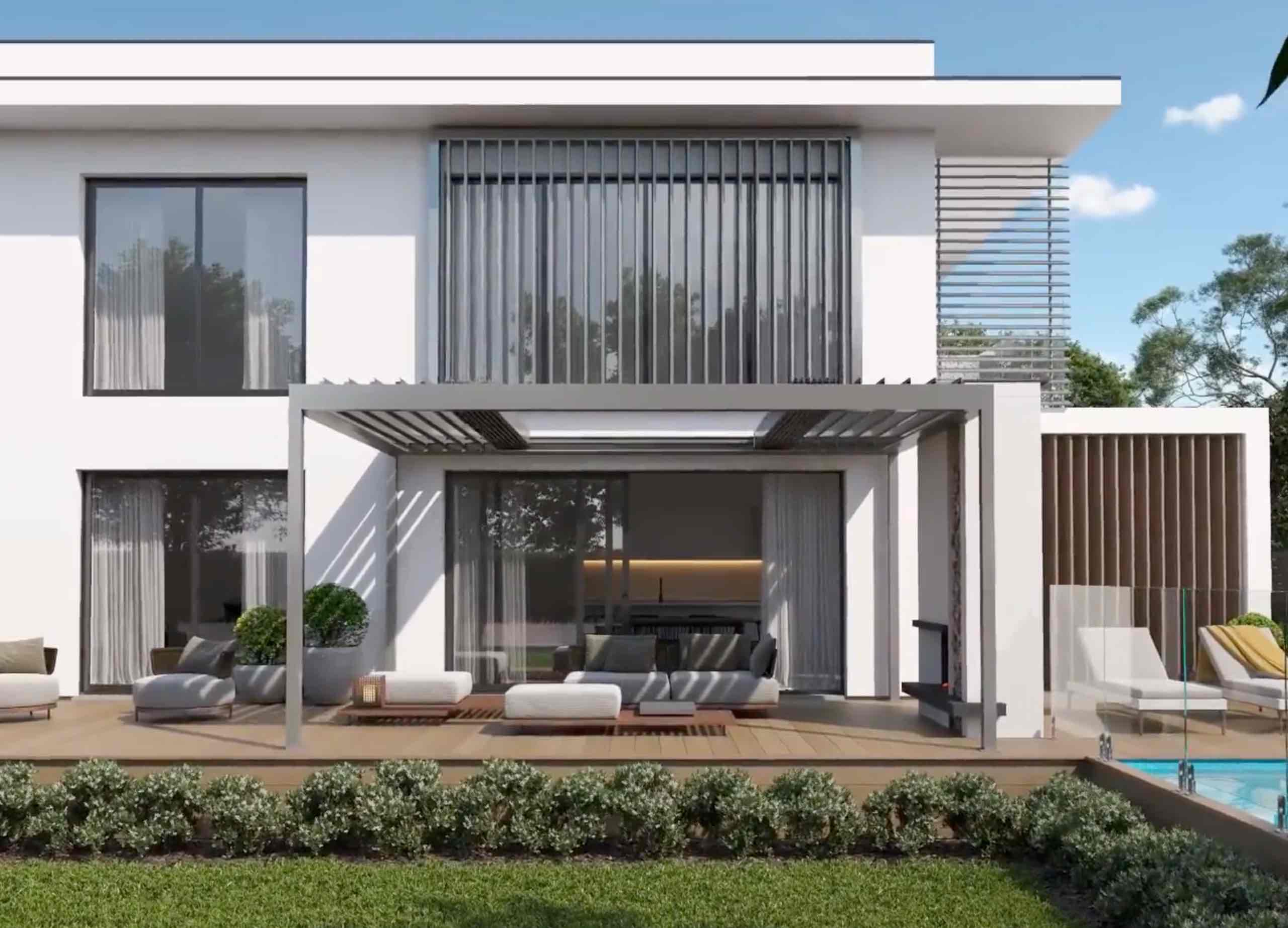Outdoor room beneath a louvered roof